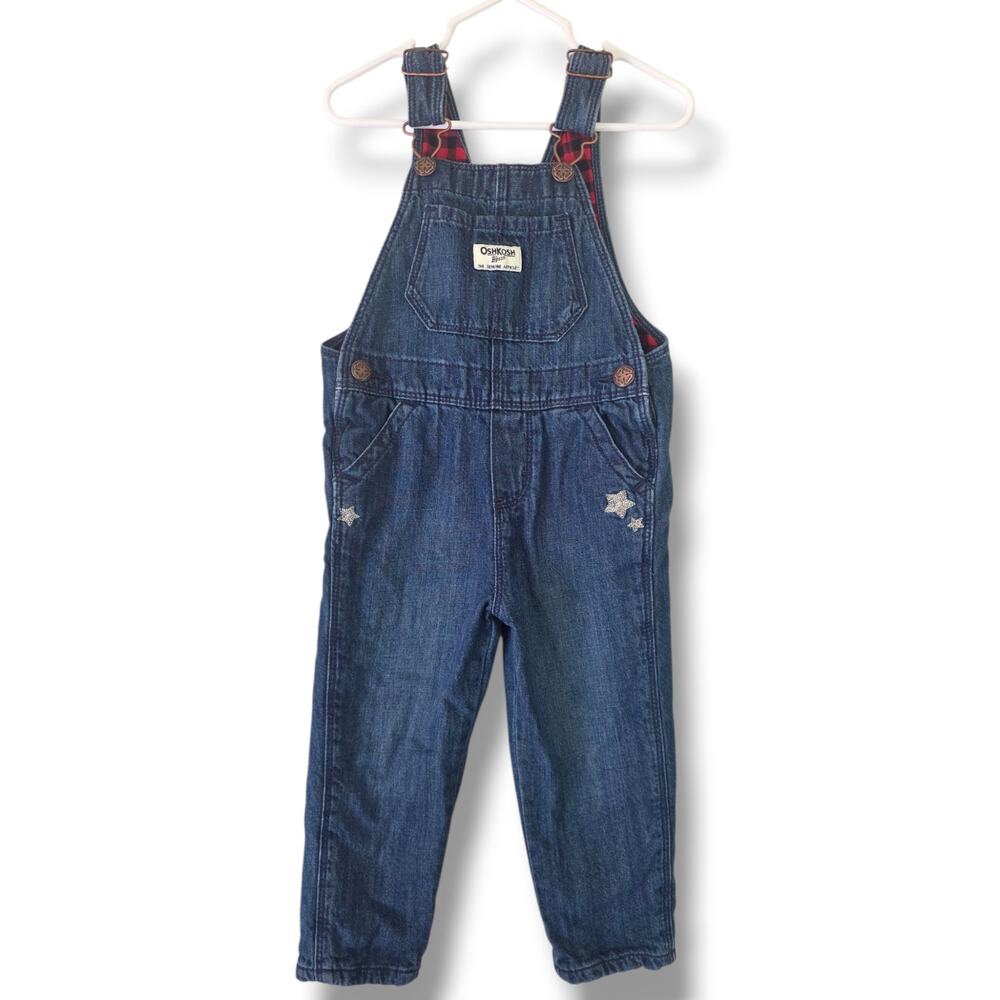 OshKosh B'Gosh Girls 2T Denim Overalls Buffalo Plaid Flannel Lined Stars